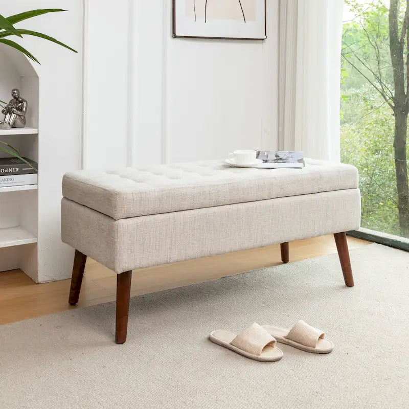Banc pouf de rangement capitonné noir/gris/blanc cassé, 1 personne, pieds en bois