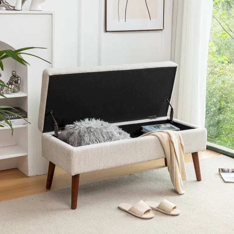 Banc pouf de rangement capitonné noir/gris/blanc cassé, 1 personne, pieds en bois