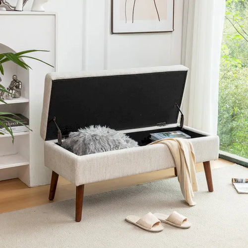 Banc pouf de rangement capitonné noir/gris/blanc cassé, 1 personne, pieds en bois