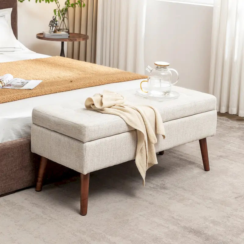 Banc pouf de rangement capitonné noir/gris/blanc cassé, 1 personne, pieds en bois