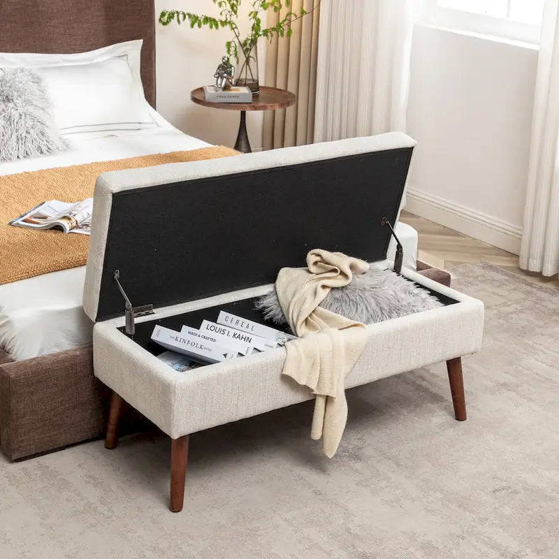 Banc pouf de rangement capitonné noir/gris/blanc cassé, 1 personne, pieds en bois