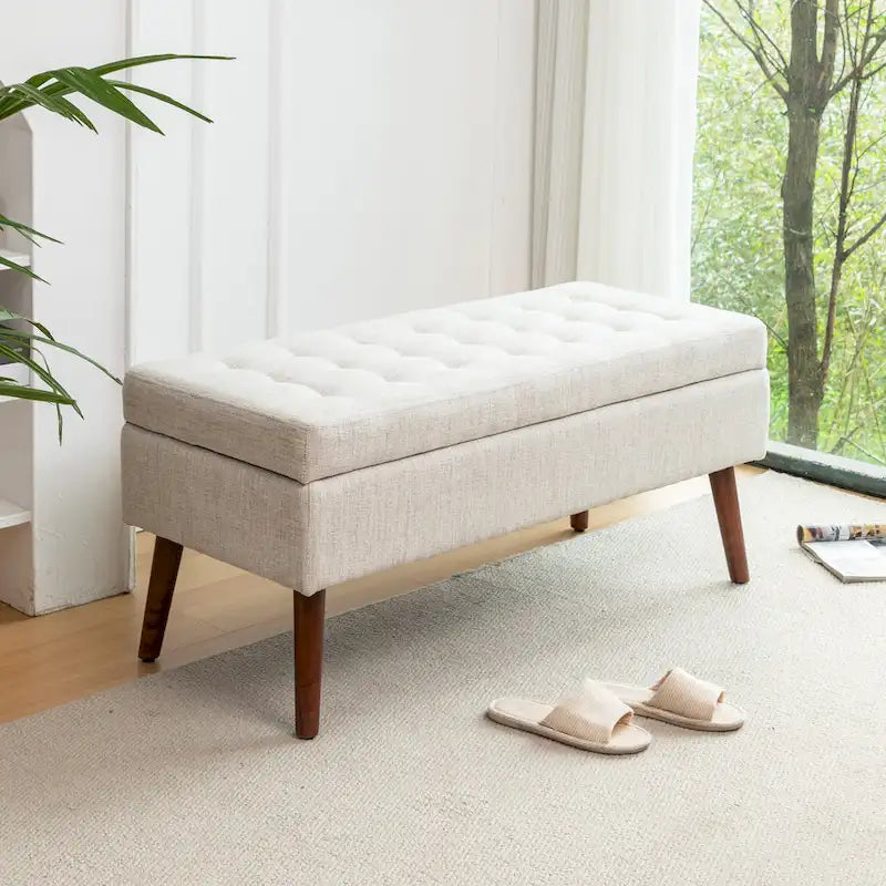 Banc pouf de rangement capitonné noir/gris/blanc cassé, 1 personne, pieds en bois