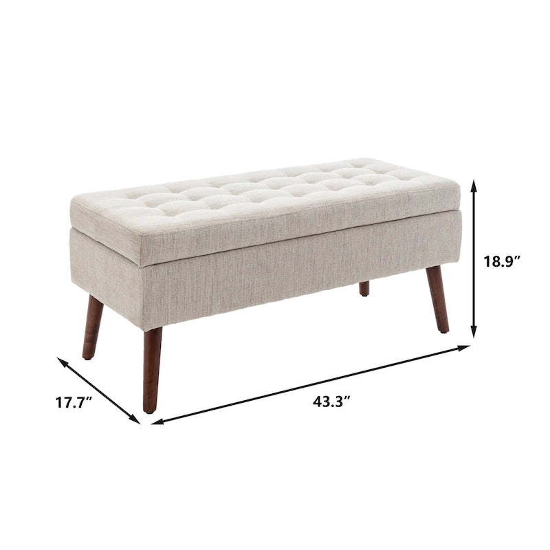 Banc pouf de rangement capitonné noir/gris/blanc cassé, 1 personne, pieds en bois