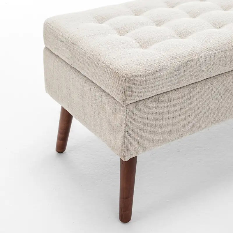Banc pouf de rangement capitonné noir/gris/blanc cassé, 1 personne, pieds en bois