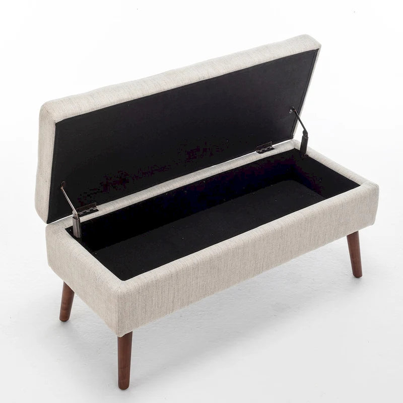 Banc pouf de rangement capitonné noir/gris/blanc cassé, 1 personne, pieds en bois