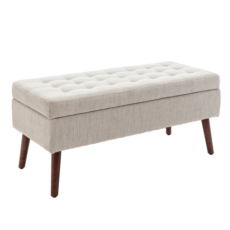 Banc pouf de rangement capitonné noir/gris/blanc cassé, 1 personne, pieds en bois