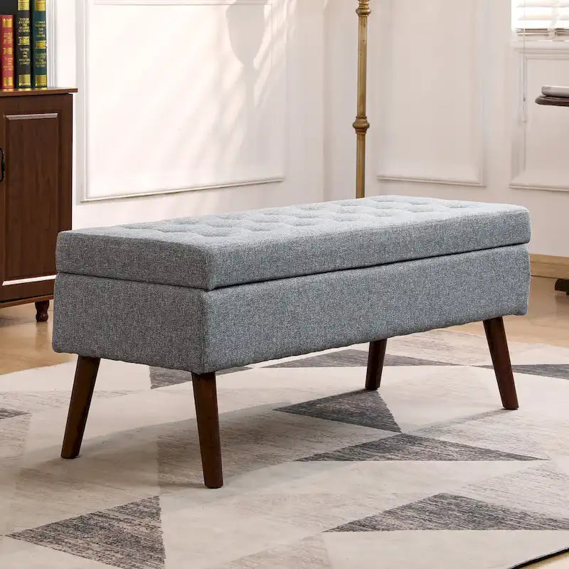 Banc pouf de rangement capitonné noir/gris/blanc cassé, 1 personne, pieds en bois