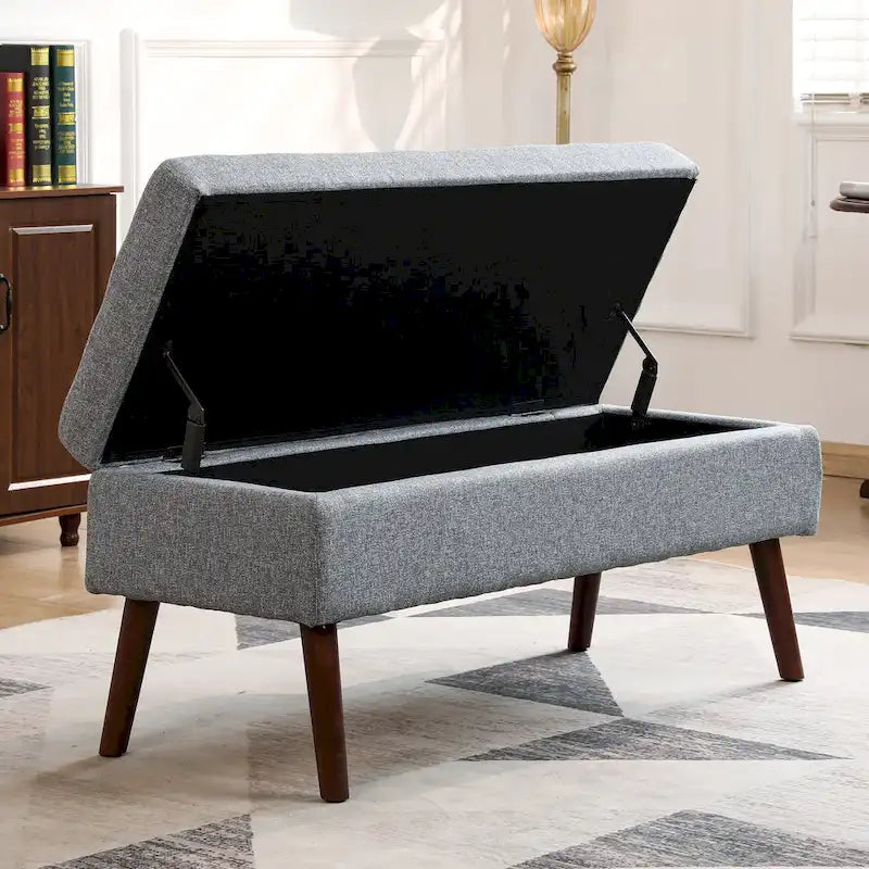 Banc pouf de rangement capitonné noir/gris/blanc cassé, 1 personne, pieds en bois