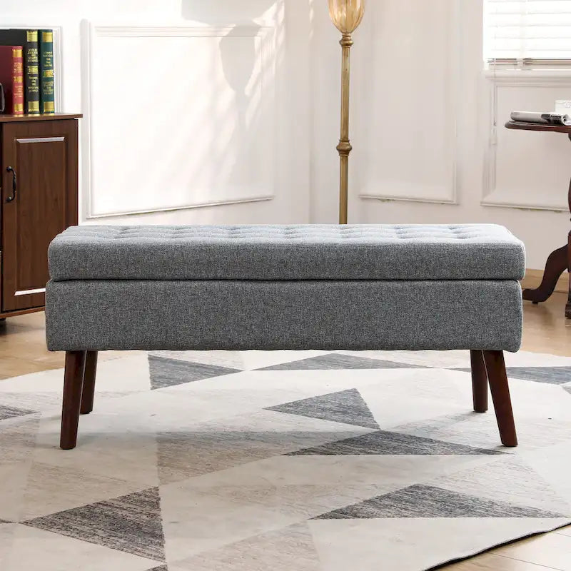 Banc pouf de rangement capitonné noir/gris/blanc cassé, 1 personne, pieds en bois
