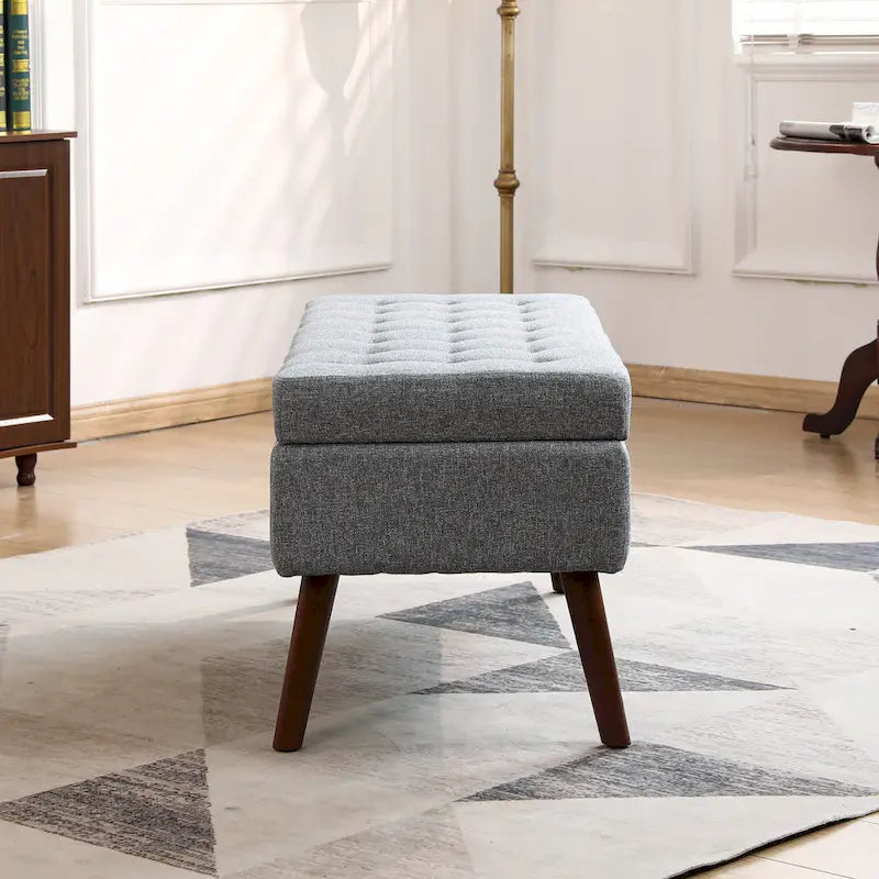 Banc pouf de rangement capitonné noir/gris/blanc cassé, 1 personne, pieds en bois
