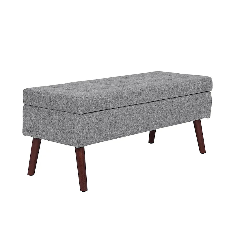 Banc pouf de rangement capitonné noir/gris/blanc cassé, 1 personne, pieds en bois