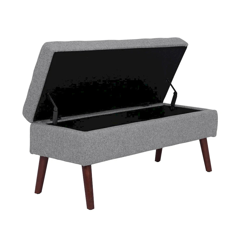 Banc pouf de rangement capitonné noir/gris/blanc cassé, 1 personne, pieds en bois