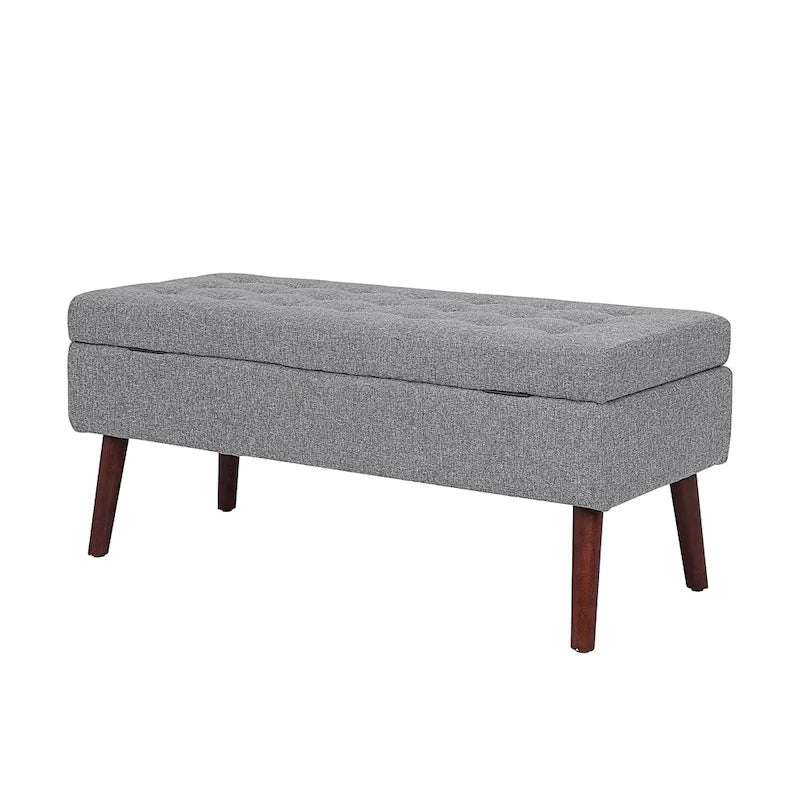 Banc pouf de rangement capitonné noir/gris/blanc cassé, 1 personne, pieds en bois