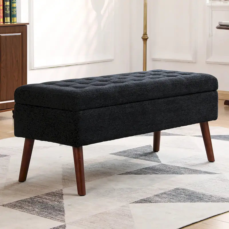 Banc pouf de rangement capitonné noir/gris/blanc cassé, 1 personne, pieds en bois