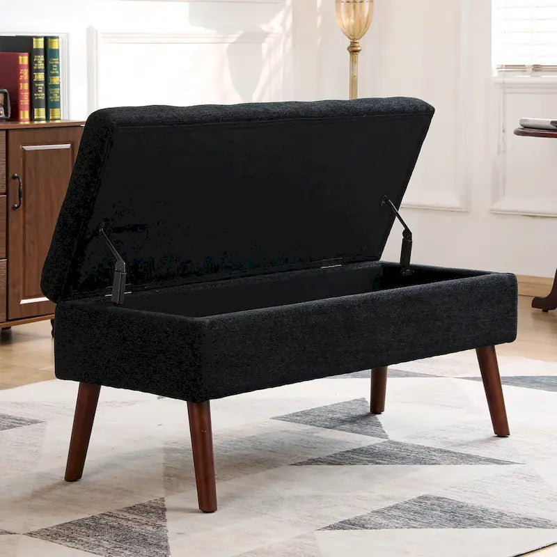 Banc pouf de rangement capitonné noir/gris/blanc cassé, 1 personne, pieds en bois