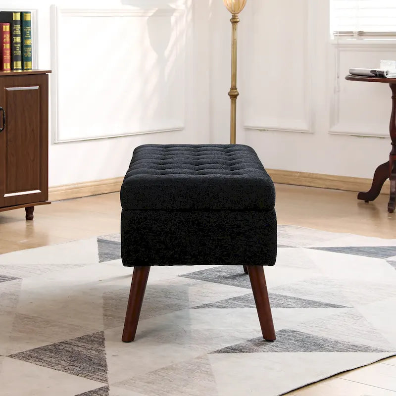 Banc pouf de rangement capitonné noir/gris/blanc cassé, 1 personne, pieds en bois