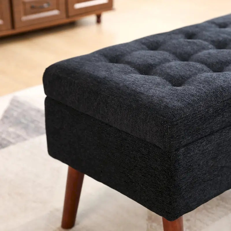 Banc pouf de rangement capitonné noir/gris/blanc cassé, 1 personne, pieds en bois