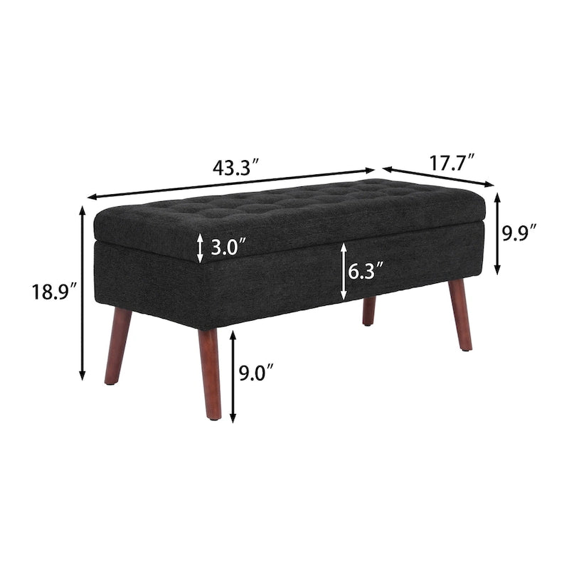Banc pouf de rangement capitonné noir/gris/blanc cassé, 1 personne, pieds en bois