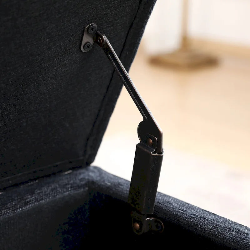 Banc pouf de rangement capitonné noir/gris/blanc cassé, 1 personne, pieds en bois