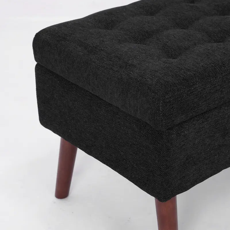 Banc pouf de rangement capitonné noir/gris/blanc cassé, 1 personne, pieds en bois