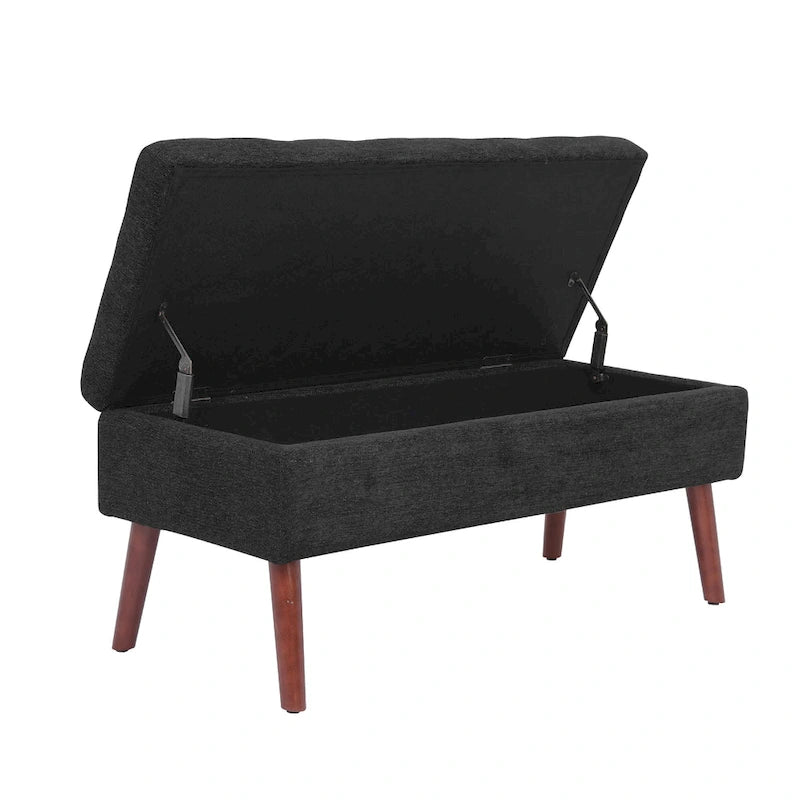 Banc pouf de rangement capitonné noir/gris/blanc cassé, 1 personne, pieds en bois