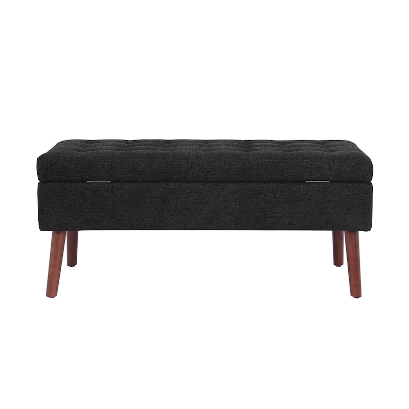 Banc pouf de rangement capitonné noir/gris/blanc cassé, 1 personne, pieds en bois