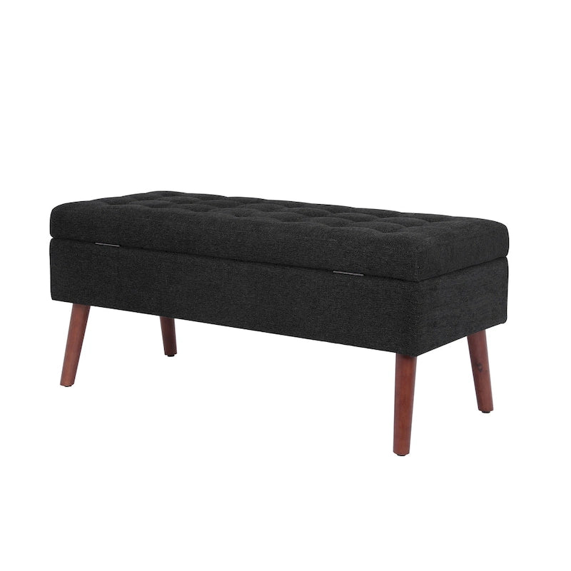 Banc pouf de rangement capitonné noir/gris/blanc cassé, 1 personne, pieds en bois