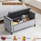 Banc de rangement capitonné en velours avec accoudoirs et garniture cloutée — Crème / Noir / Gris, 3 places