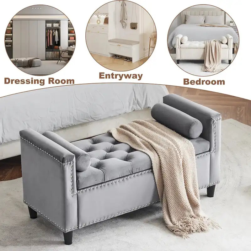 Banc de rangement capitonné en velours avec accoudoirs et garniture cloutée — Crème / Noir / Gris, 3 places