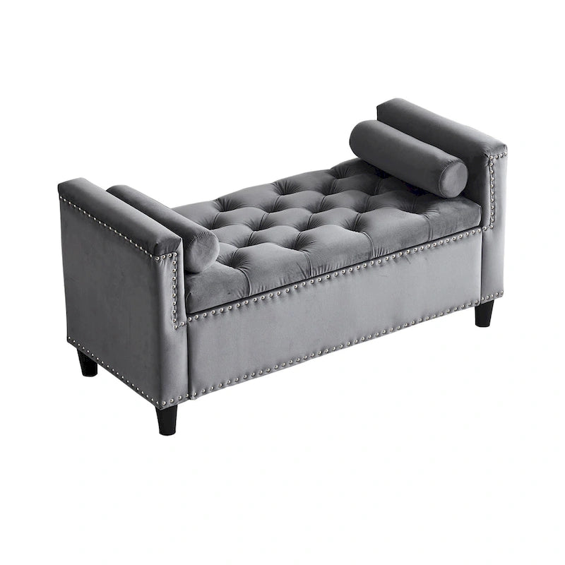 Banc de rangement capitonné en velours avec accoudoirs et garniture cloutée — Crème / Noir / Gris, 3 places