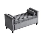 Banc de rangement capitonné en velours avec accoudoirs et garniture cloutée — Crème / Noir / Gris, 3 places