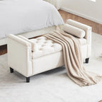 Banc de rangement capitonné en velours avec accoudoirs et garniture cloutée — Crème / Noir / Gris, 3 places