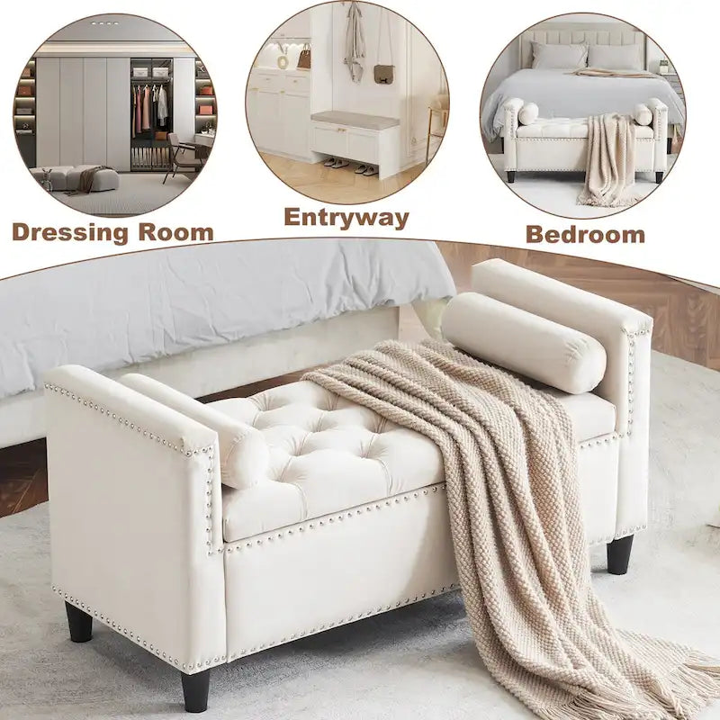 Banc de rangement capitonné en velours avec accoudoirs et garniture cloutée — Crème / Noir / Gris, 3 places