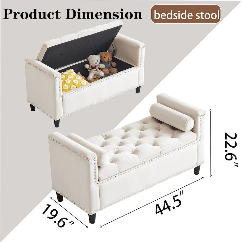 Banc de rangement capitonné en velours avec accoudoirs et garniture cloutée — Crème / Noir / Gris, 3 places