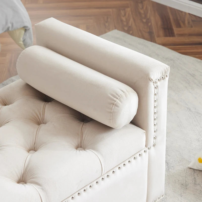 Banc de rangement capitonné en velours avec accoudoirs et garniture cloutée — Crème / Noir / Gris, 3 places