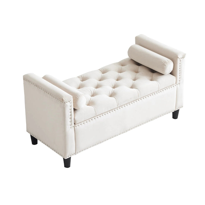 Banc de rangement capitonné en velours avec accoudoirs et garniture cloutée — Crème / Noir / Gris, 3 places