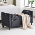 Banc de rangement capitonné en velours avec accoudoirs et garniture cloutée — Crème / Noir / Gris, 3 places