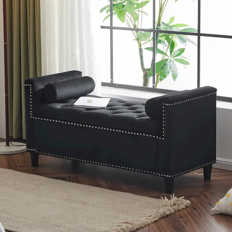Banc de rangement capitonné en velours avec accoudoirs et garniture cloutée — Crème / Noir / Gris, 3 places