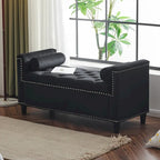 Banc de rangement capitonné en velours avec accoudoirs et garniture cloutée — Crème / Noir / Gris, 3 places