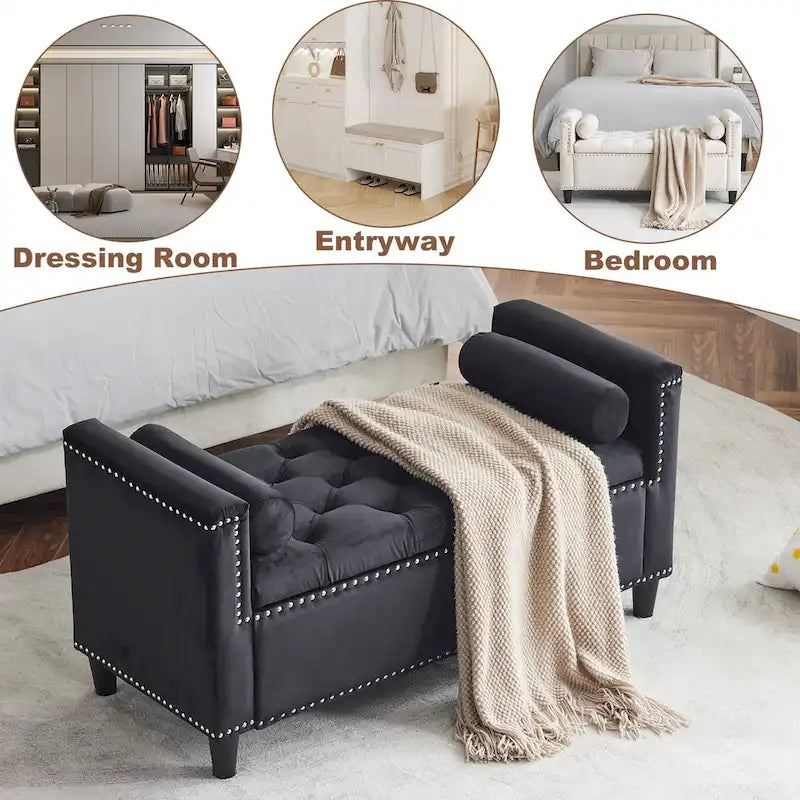 Banc de rangement capitonné en velours avec accoudoirs et garniture cloutée — Crème / Noir / Gris, 3 places