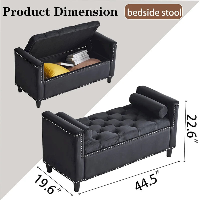 Banc de rangement capitonné en velours avec accoudoirs et garniture cloutée — Crème / Noir / Gris, 3 places