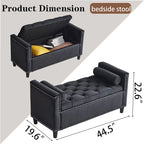 Banc de rangement capitonné en velours avec accoudoirs et garniture cloutée — Crème / Noir / Gris, 3 places