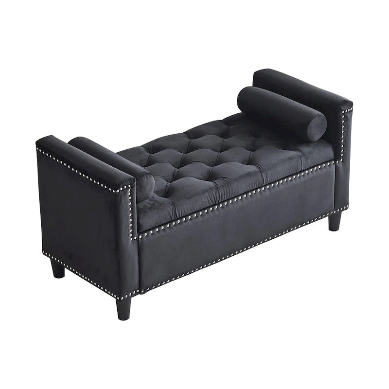 Banc de rangement capitonné en velours avec accoudoirs et garniture cloutée — Crème / Noir / Gris, 3 places