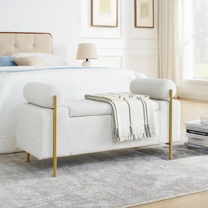 Banc de rangement en lin tapissé blanc/beige, accoudoirs cylindriques, pieds en métal doré, 1-2 personnes
