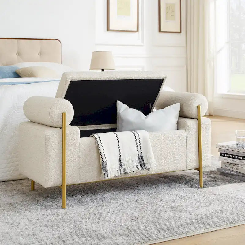 Banc de rangement en lin tapissé blanc/beige, accoudoirs cylindriques, pieds en métal doré, 1-2 personnes