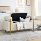 Banc de rangement en lin tapissé blanc/beige, accoudoirs cylindriques, pieds en métal doré, 1-2 personnes