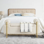 Banc de rangement en lin tapissé blanc/beige, accoudoirs cylindriques, pieds en métal doré, 1-2 personnes
