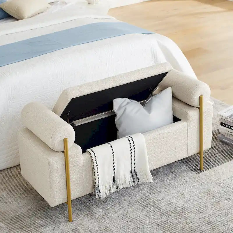Banc de rangement en lin tapissé blanc/beige, accoudoirs cylindriques, pieds en métal doré, 1-2 personnes