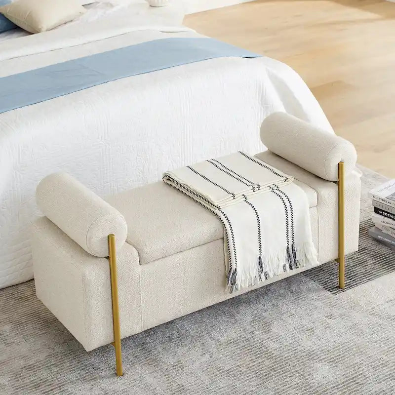 Banc de rangement en lin tapissé blanc/beige, accoudoirs cylindriques, pieds en métal doré, 1-2 personnes
