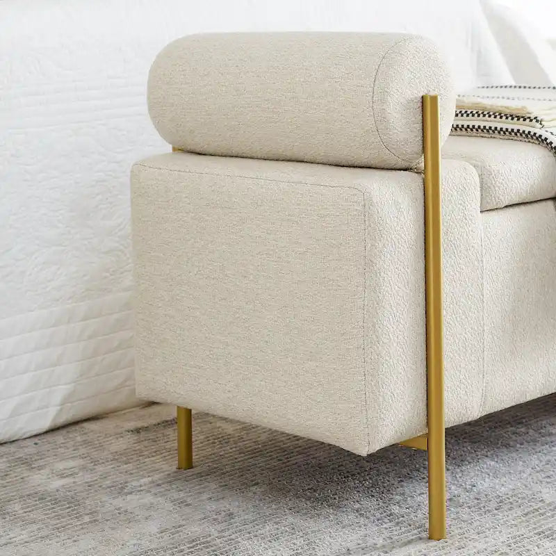 Banc de rangement en lin tapissé blanc/beige, accoudoirs cylindriques, pieds en métal doré, 1-2 personnes